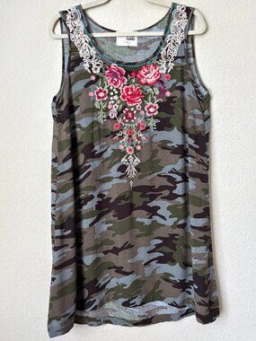Savanna Jane Boho Camo Floral Embroidered Sleeveless Tunic Tank Shirt